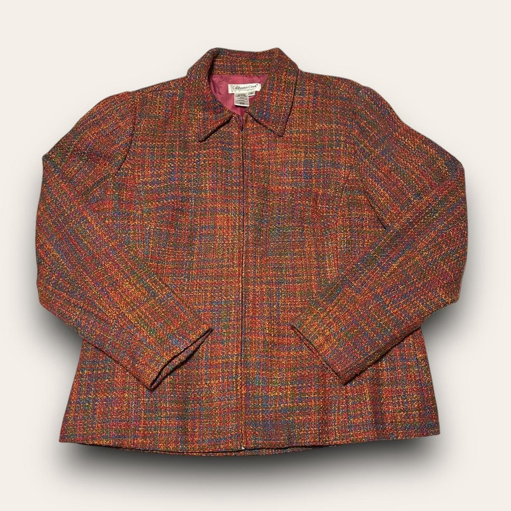 Y2K Pink Plaid Tweed Jacket Coldwater Creek Size Medium Preppy Eclectic Colorful